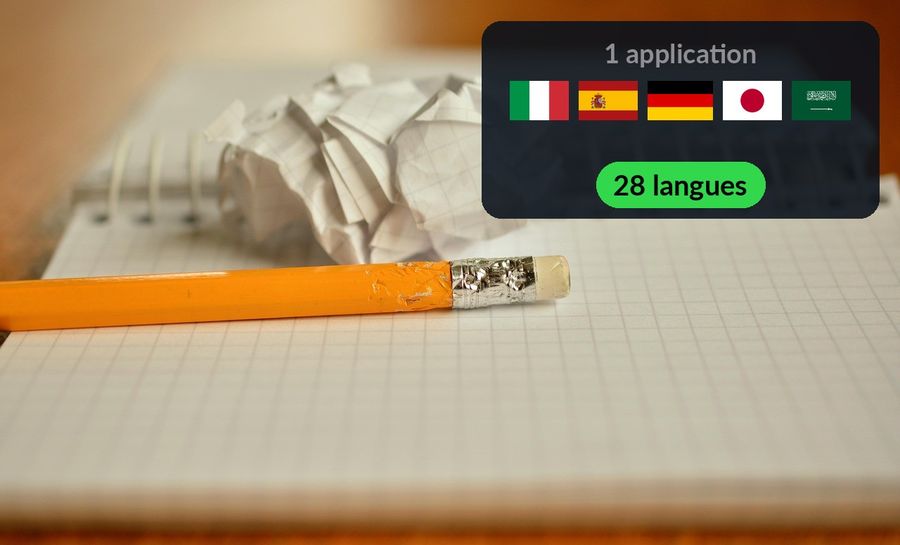 Un carnet de notes, avec le point de l'article écrit à côté : un seule application, Watch Your Language, 28 langues, illustré par les drapeaux de l'italien, l'espagnol, l'allemand, le japonais et l'arabe