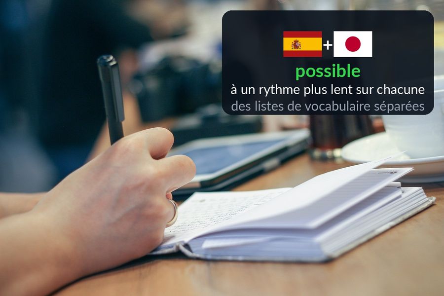 Un drapeau espagnol et un drapeau japonais, avec le texte : possible, à un rythme plus lent sur chacune, des listes de vocabulaire séparées