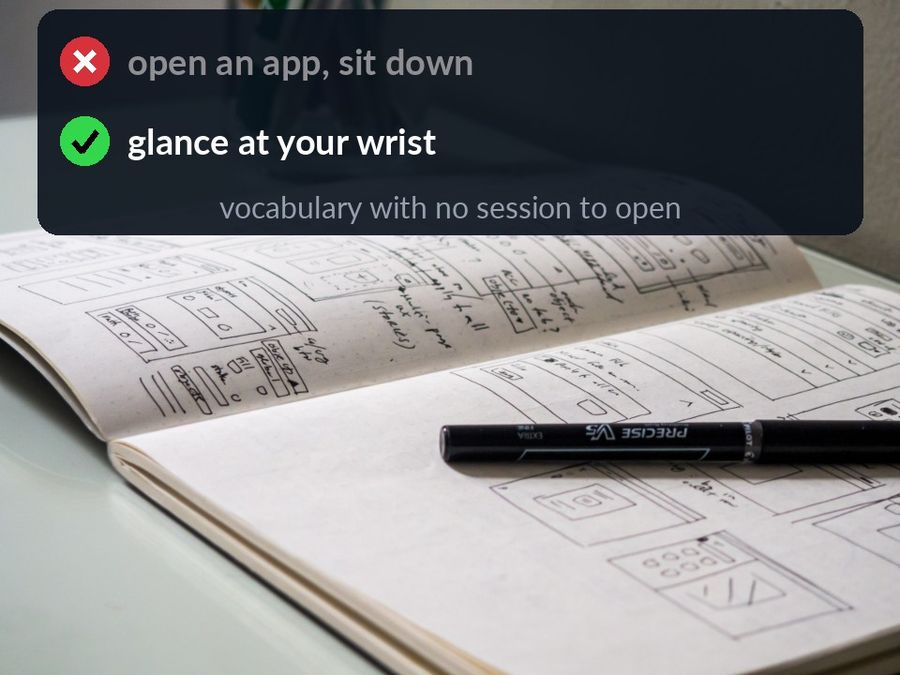 The sketchbook desk photo with the article's differentiator written on the wall: opening an app to sit down, crossed out, against glancing at your wrist