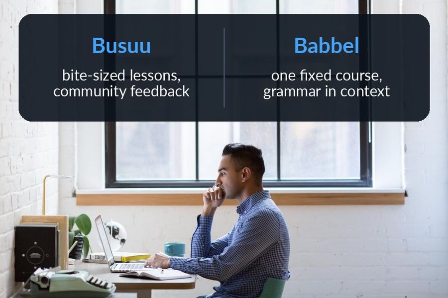 Busuu (bite-sized lessons, community feedback) versus Babbel (one fixed course, grammar in context), over a study desk photo
