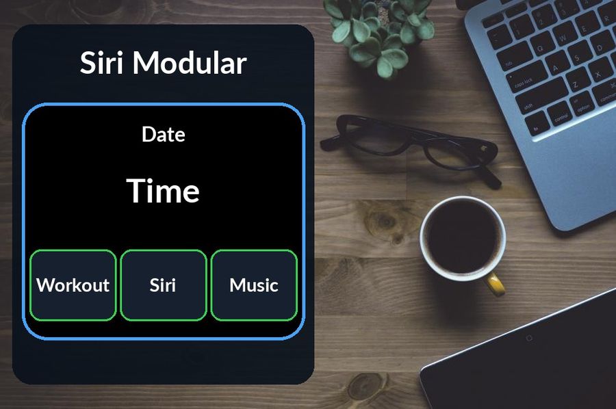 A desk photo with a panel drawing the Siri Modular face: Siri Modular, date, time, and Workout, Siri and Music complications at the bottom