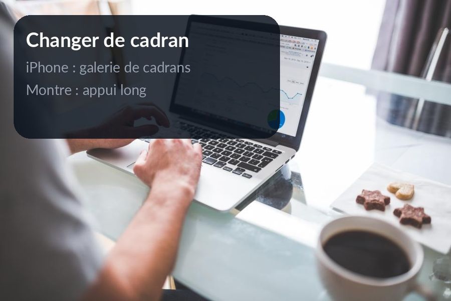 Sur la photo, un encart rappelle les deux façons de changer de cadran : depuis l'iPhone ou par un appui long sur la montre
