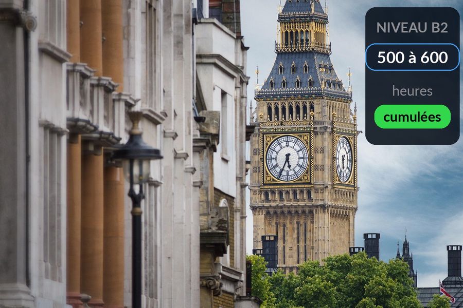 Big Ben, avec le repère de l'article écrit dans le ciel : niveau B2, 500 à 600 heures d'étude cumulées depuis zéro