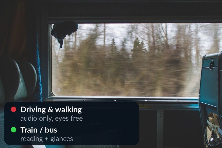 The train-window photo with the article's rule written on the dark seat: driving is audio only, train or bus is reading plus glances, walking is audio again
