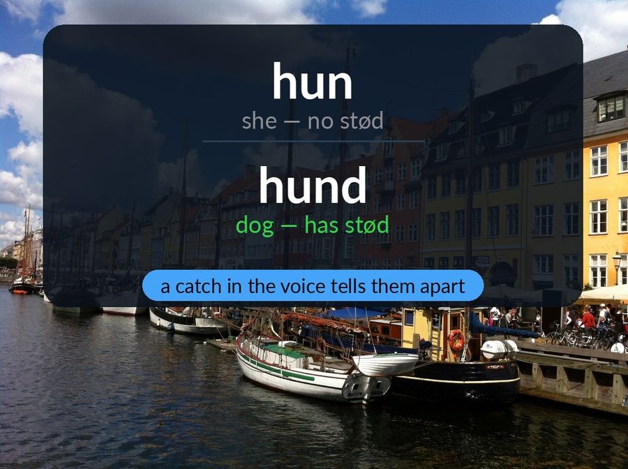 The Danish test pair hun (she, no stød) and hund (dog, has stød), over Nyhavn: a catch in the voice, not the spelling, tells the two words apart