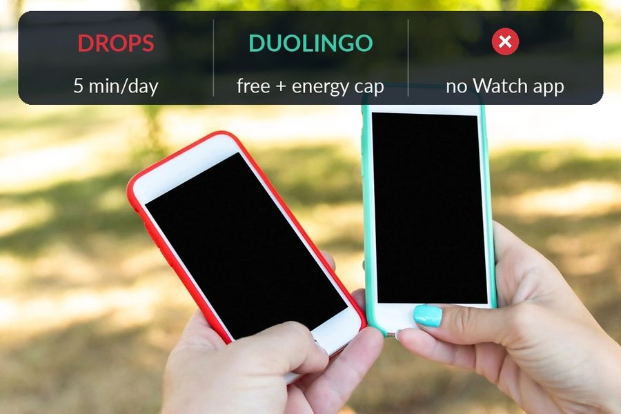 Two hands holding phones, labelled Drops (5 minutes a day free) and Duolingo (free, limited by an energy system), with neither having an Apple Watch app