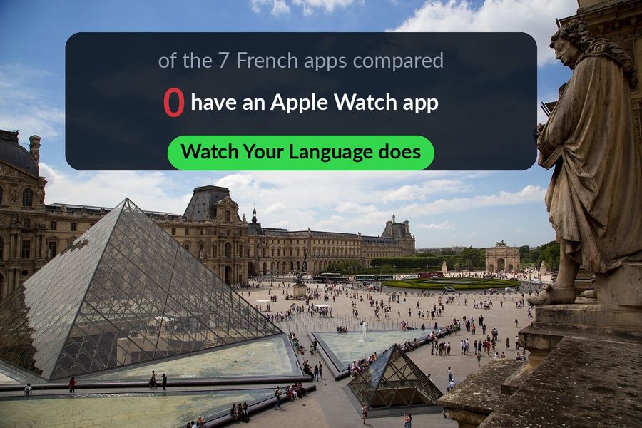 The Louvre Pyramid with the finding that none of the 7 French vocabulary apps compared has an Apple Watch app, but Watch Your Language does, written into the sky