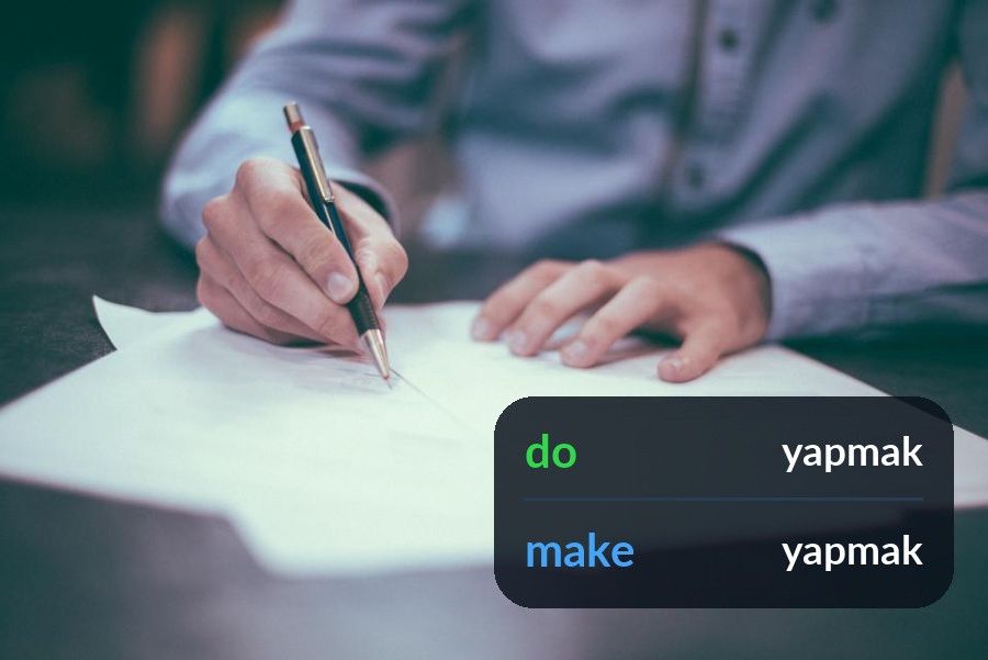 Kağıda kalemle yazan bir el ve iki satırlık bir panel: do = yapmak, make = yapmak
