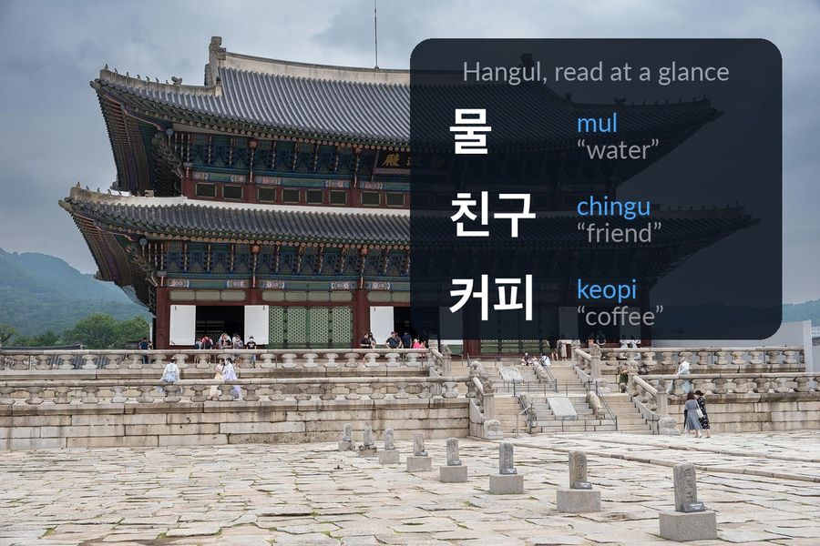 Gyeongbokgung palace under a cloudy sky, with three Korean words from the app's Basics packs: 물 (mul, water), 친구 (chingu, friend), 커피 (keopi, coffee)