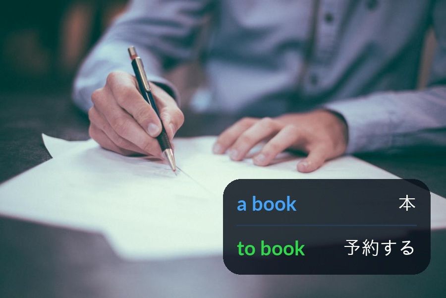 紙にペンで書いている手の写真に、「a book　本」「to book　予約する」という2行のパネルを重ねた画像