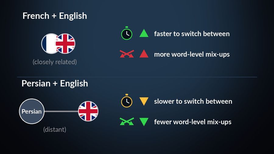 French + English (closely related) drawn as two flags close together: faster to switch between (stopwatch, up arrow), more word-level mix-ups (crossing arrows, up arrow). Persian + English (distant) drawn far apart: slower to switch (down arrow), fewer mix-ups (down arrow)