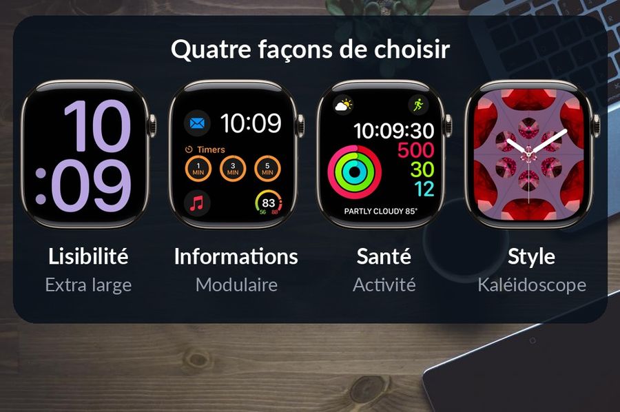 Photo d'un bureau avec un bandeau sombre montrant quatre façons de choisir un cadran, chacune avec le rendu Apple d'un cadran : Lisibilité avec Extra large, Informations avec Modulaire, Santé avec Activité et Style avec Kaléidoscope