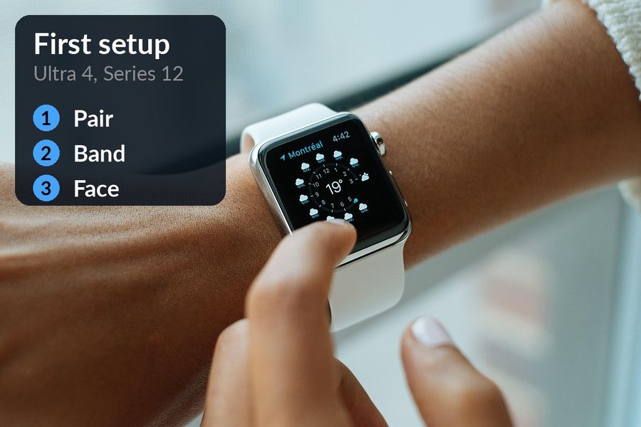 A hand tapping an Apple Watch, with a panel listing three first-setup steps: pair, band, face