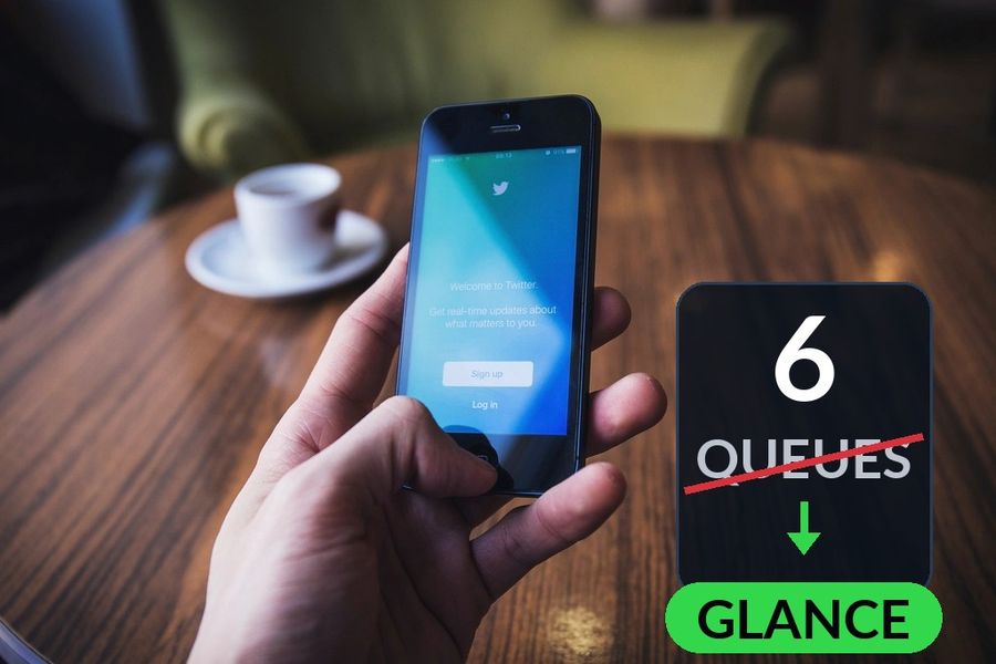 The phone-in-hand hero photo with the article's summary added: 6 crossed-out queues against one checked glance