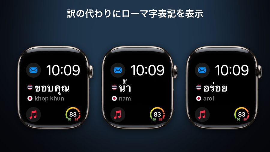 Three Modular watch faces with the app's complication showing Thai words with romanization on, the romanization in place of the translation: ขอบคุณ (khop khun), น้ำ (nam) and อร่อย (aroi)