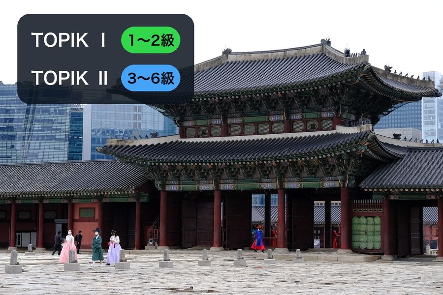Gyeongbokgung's main gate with visitors in hanbok, and a corner panel showing TOPIK Ⅰ as levels 1〜2級 and TOPIK Ⅱ as levels 3〜6級