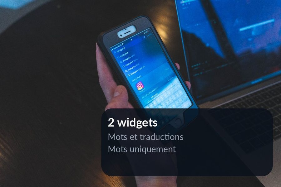 Sur la photo du téléphone en main, un encart nomme les deux widgets de l'app : « Mots et traductions » et « Mots uniquement »