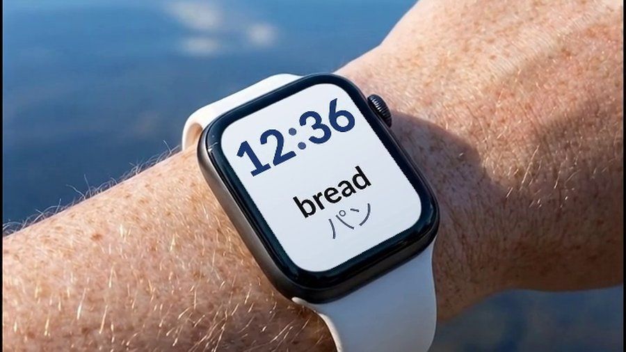 湖のほとりで腕につけたApple Watch。文字盤に英語の単語と日本語訳が表示されている