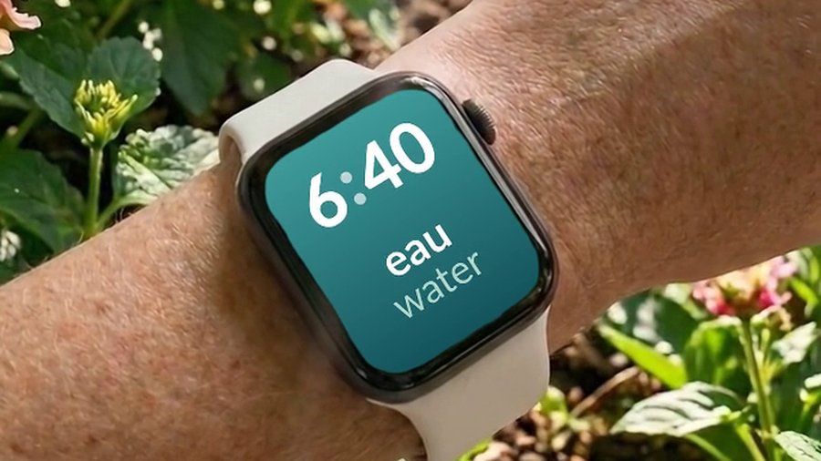 An Apple Watch in a garden, showing a French word and its English translation on the watch face