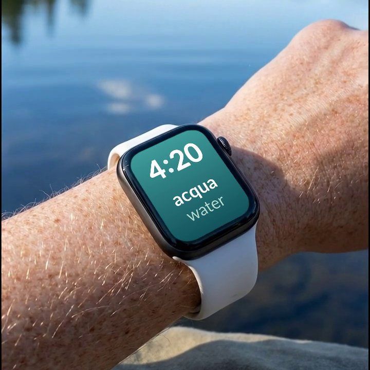 An Apple Watch by a lake, showing a Italian word and its English translation on the watch face
