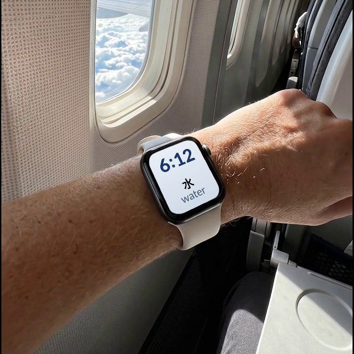 An Apple Watch on a plane, showing a Japanese word and its English translation on the watch face