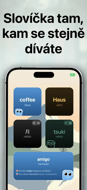 Plocha iPhonu s widgety se slovíčky, které ukazují naimportovaná slovíčka a jejich české překlady