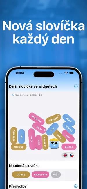 Aplikace na iPhonu zobrazuje seznam dalších slovíček, která se objeví ve widgetech, a slovíčka, která už jsou naučená