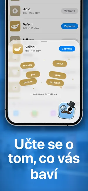 Tematické balíčky v aplikaci na iPhonu se zapnutým balíčkem Vaření a ukázkovými slovíčky, například to cook a pot