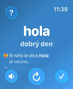 Aplikace Watch Your Language na Apple Watch ukazuje španělské slovo hola s překladem ahoj a ukázkovou větou