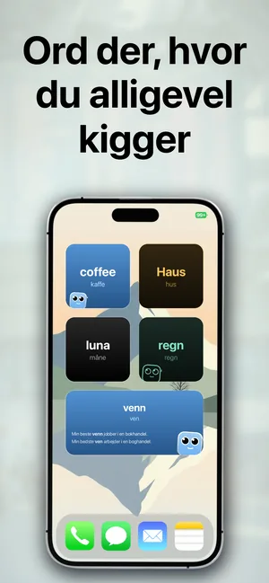 En iPhone-hjemmeskærm med ordforrådswidgets, der viser de importerede ord