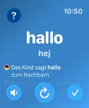 Watch Your Language-appen på Apple Watch, der viser hallo, hej, en tysk eksempelsætning og knapper til at lytte, gå til næste ord og markere det som lært