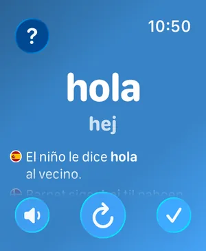Watch Your Language-appen på Apple Watch, der viser hola, hej, med en spansk eksempelsætning