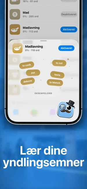 iPhone-appens emnepakker med Madlavning aktiveret og eksempelord som to cook og to blanch