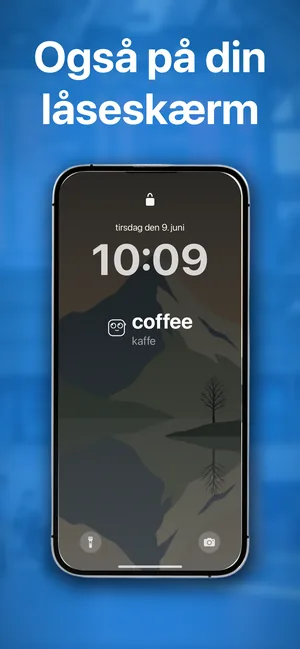 En iPhone-låseskærm med en ordforrådswidget under uret, der viser coffee, kaffe