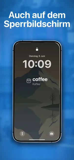 Ein iPhone-Sperrbildschirm mit einem Vokabel-Widget unter der Uhrzeit, das coffee mit der Übersetzung Kaffee zeigt