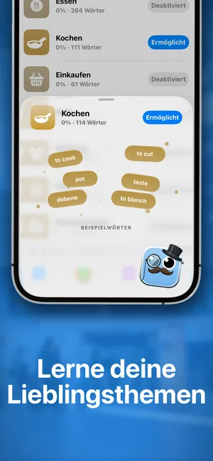 Die Themenpakete der iPhone-App, mit aktiviertem Paket Kochen und Beispielwörtern wie to cook und pot