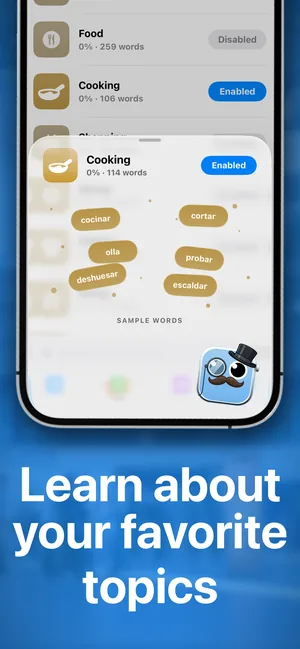 Ang mga topic pack sa iPhone app, may naka-enable na Cooking pack at mga sample word na Spanish tulad ng cocinar at probar