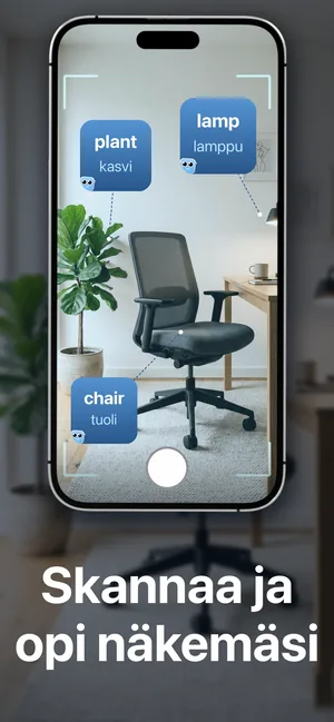 iPhonen kamera osoitettuna huoneeseen: sanat plant / kasvi, lamp / lamppu ja chair / tuoli on merkitty esineisiin