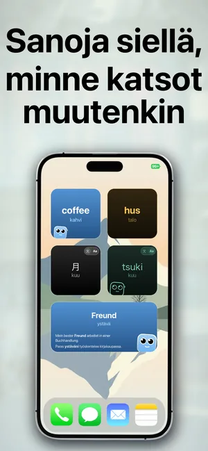 iPhonen kotinäyttö, jossa sanastowidgetit näyttävät tuodut sanat