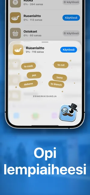 iPhone-sovelluksen aihepaketit: Ruoanlaitto on käytössä, ja esimerkkisanoina muun muassa to cook ja taste