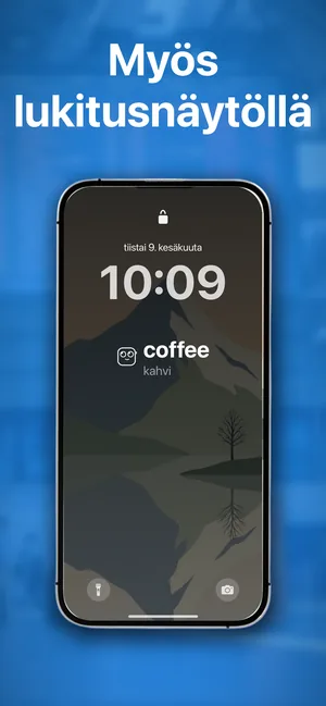 iPhonen lukitusnäyttö, jossa kellon alla sanastowidget näyttää sanan coffee ja sen suomennoksen kahvi