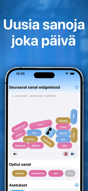 iPhone-sovellus listaa widgeteissä seuraavaksi näkyvät sanat ja jo opitut sanat