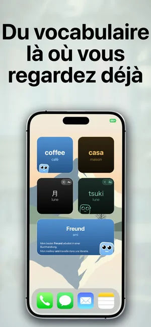 Un écran d'accueil iPhone avec des widgets de vocabulaire en anglais, espagnol, japonais et allemand, chacun avec sa traduction française