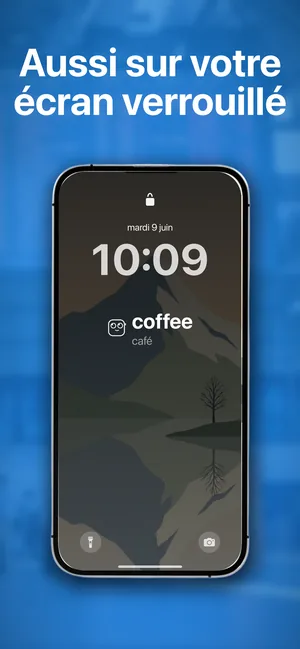 Un écran verrouillé iPhone avec un widget de vocabulaire sous l'horloge affichant coffee et sa traduction française, café