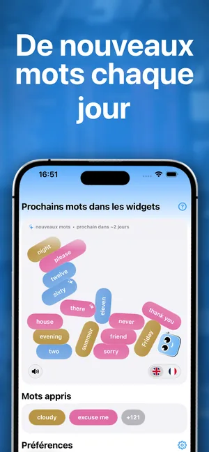 L'application iPhone énumérant les prochains mots qui apparaîtront dans les widgets, ainsi que les mots déjà appris