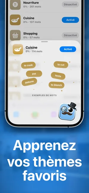 L'application iPhone listant les packs thématiques, avec le pack Cuisine activé et des exemples de mots comme to cook et to blanch