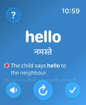Apple Watch पर ऐप में अंग्रेज़ी शब्द hello और उसका हिंदी अनुवाद नमस्ते, एक उदाहरण वाक्य और सुनने, दोहराने व सीखा हुआ चिह्नित करने के बटन के साथ