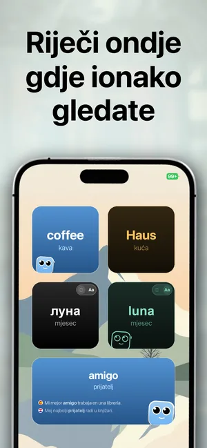 Početni zaslon iPhonea s widgetima koji prikazuju uvezene riječi i njihove prijevode