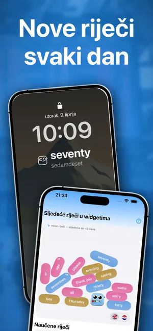 Zaključani zaslon iPhonea s widgetom s riječju i prijevodom ispod sata