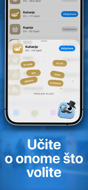 Tematski paketi u aplikaciji na iPhoneu, s jednim uključenim paketom i primjerima riječi